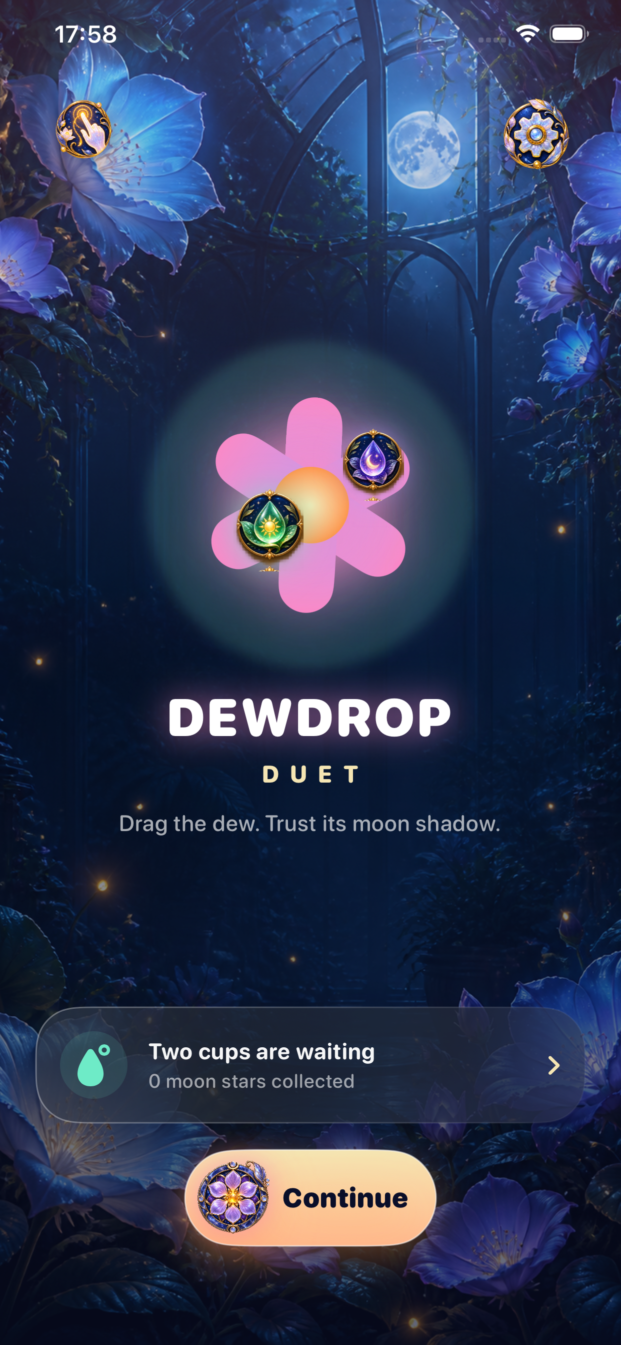 Dewdrop Duet home screen inside a moonlit glasshouse